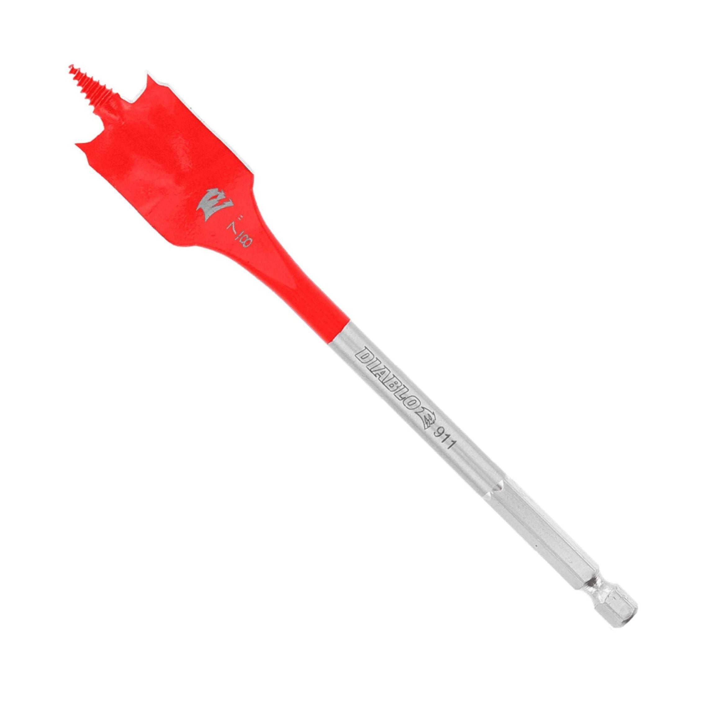 The DIABLO DSP2110 7/8 in. x 6 in. Spade Bit by Diablo features a red spade with a silver shaft, engraved text, SPEED-TIP™ design for wood drilling, an optimized curved paddle design, and a hexagonal shank for easy drill attachment.